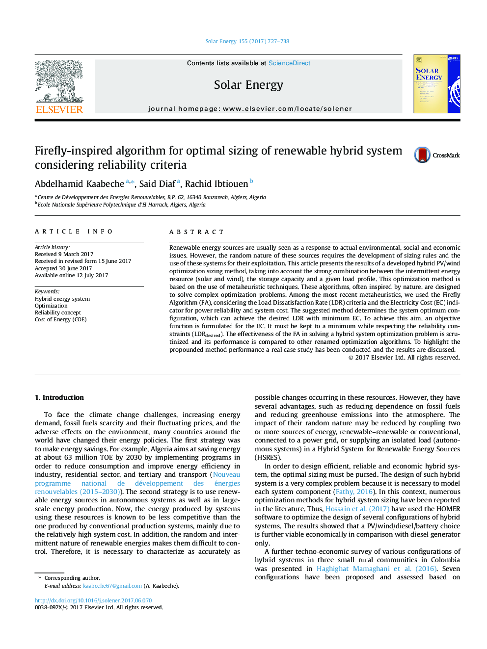 عکس صفحه اول مقاله: Firefly-inspired algorithm for optimal sizing of renewable hybrid system considering reliability criteria Firefly-inspired algorithm for optimal sizing of renewable hybrid system considering reliability criteria