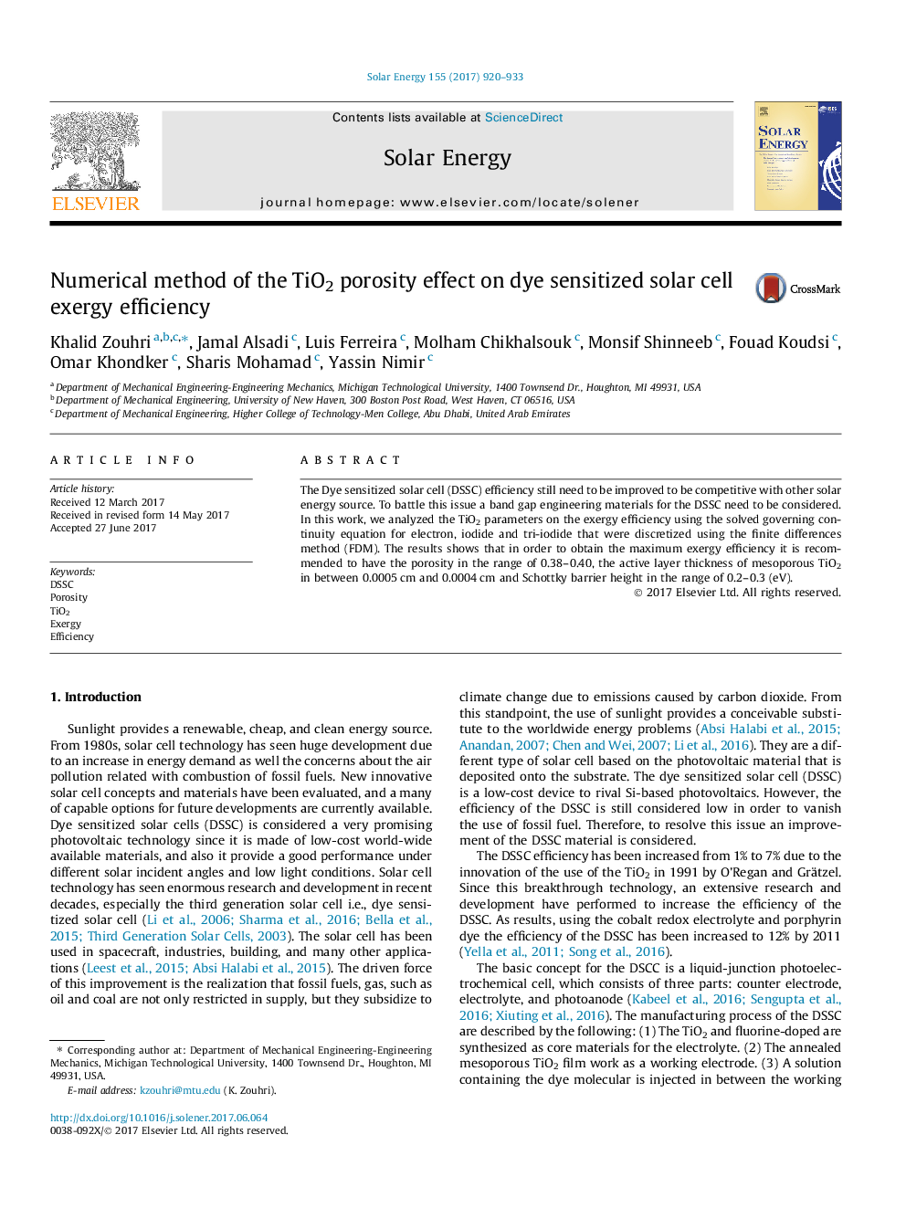 Numerical method of the TiO2 porosity effect on dye sensitized solar cell exergy efficiency