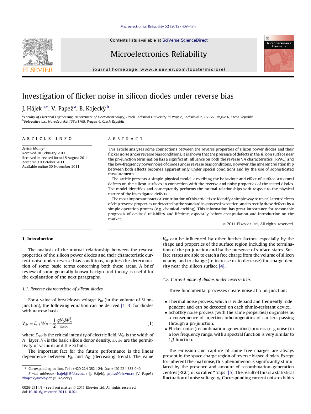 عکس صفحه اول مقاله: Investigation of flicker noise in silicon diodes under reverse bias Investigation of flicker noise in silicon diodes under reverse bias