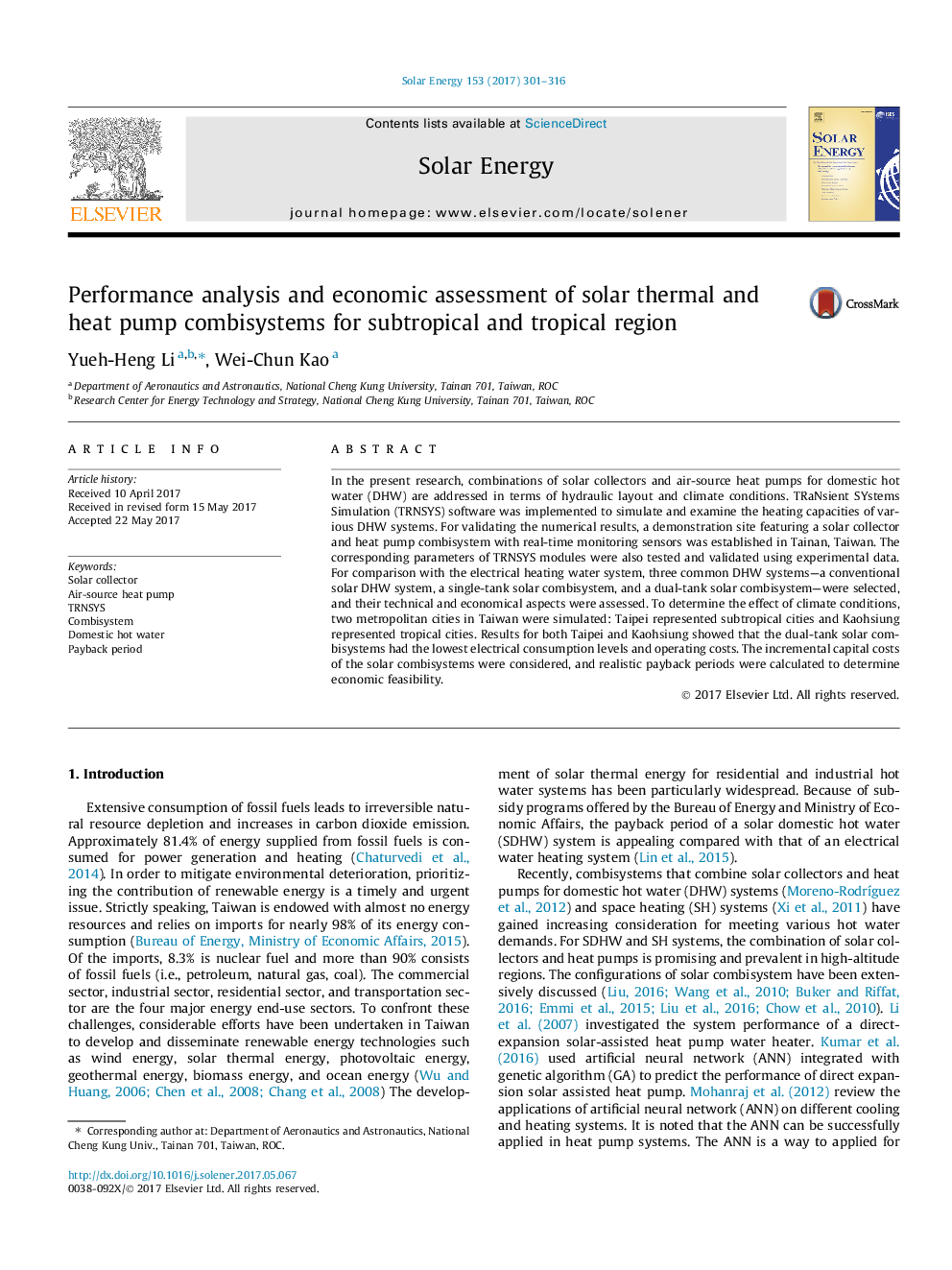 Performance analysis and economic assessment of solar thermal and heat pump combisystems for subtropical and tropical region