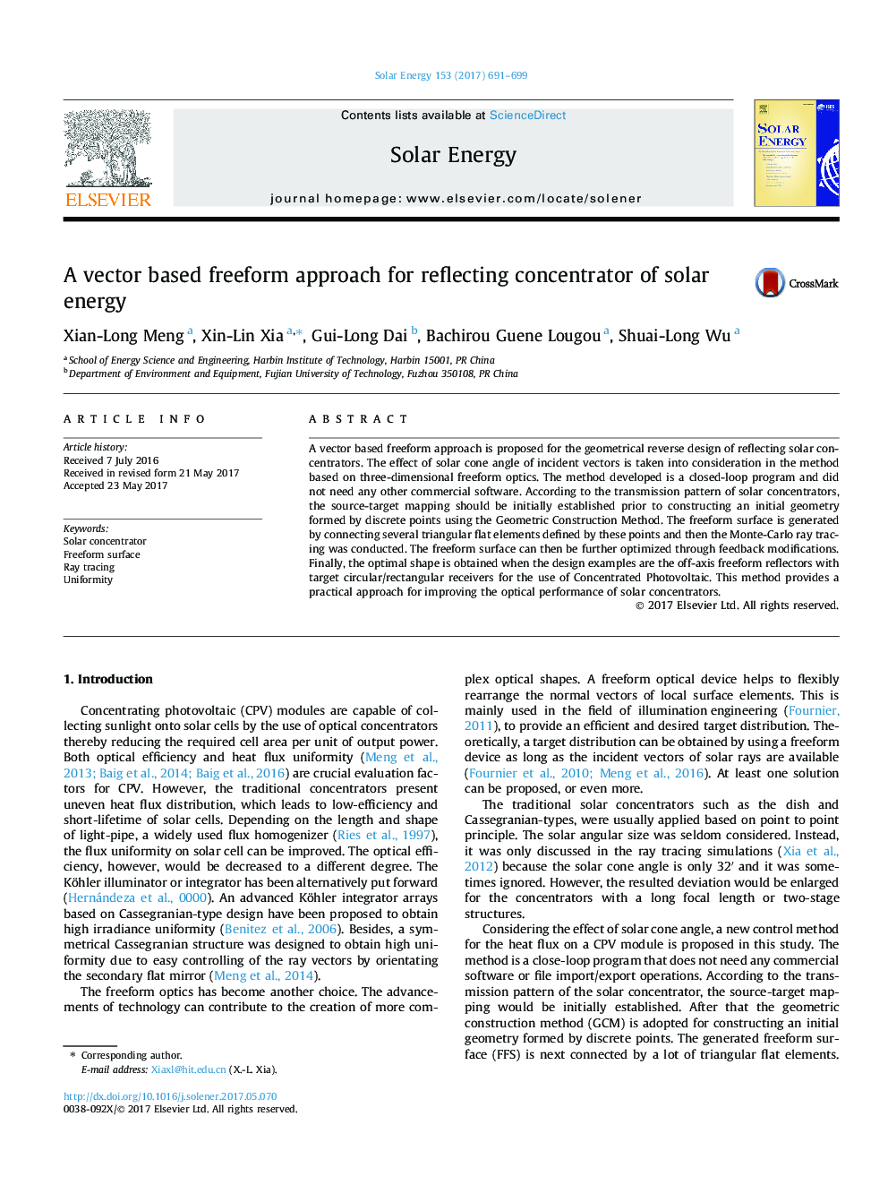 A vector based freeform approach for reflecting concentrator of solar energy