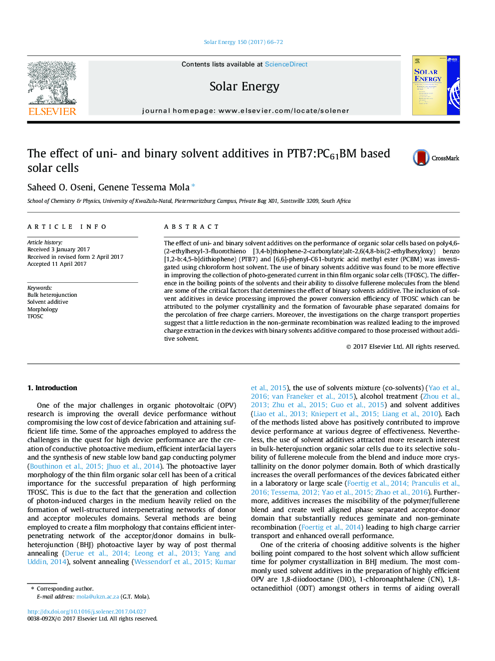 The effect of uni- and binary solvent additives in PTB7:PC61BM based solar cells