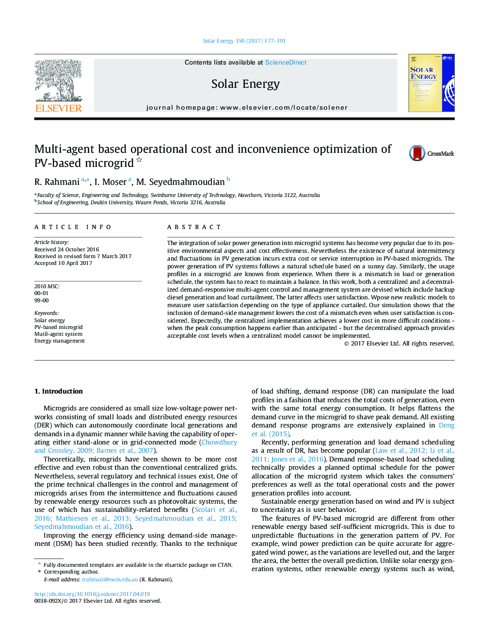 عکس صفحه اول مقاله: Multi-agent based operational cost and inconvenience optimization of PV-based microgrid Multi-agent based operational cost and inconvenience optimization of PV-based microgrid