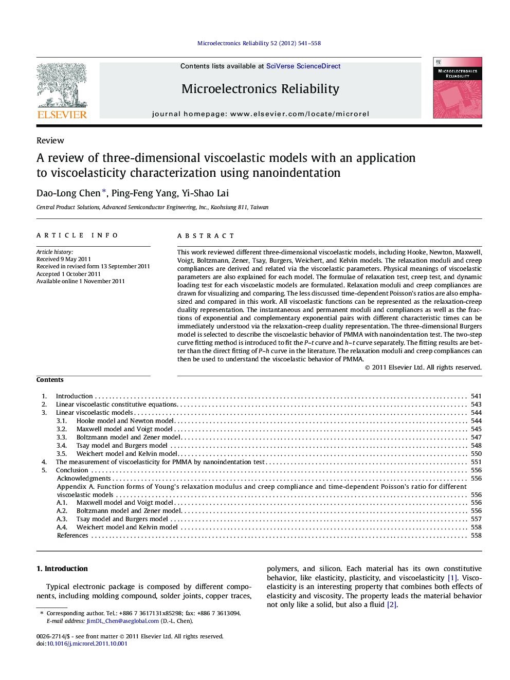 A review of three-dimensional viscoelastic models with an application to viscoelasticity characterization using nanoindentation