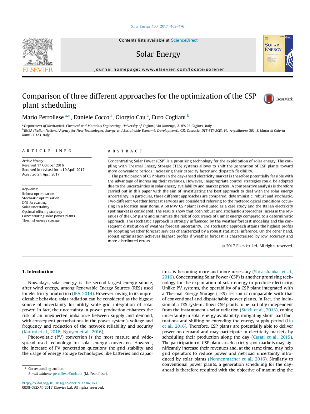 عکس صفحه اول مقاله: Comparison of three different approaches for the optimization of the CSP plant scheduling Comparison of three different approaches for the optimization of the CSP plant scheduling