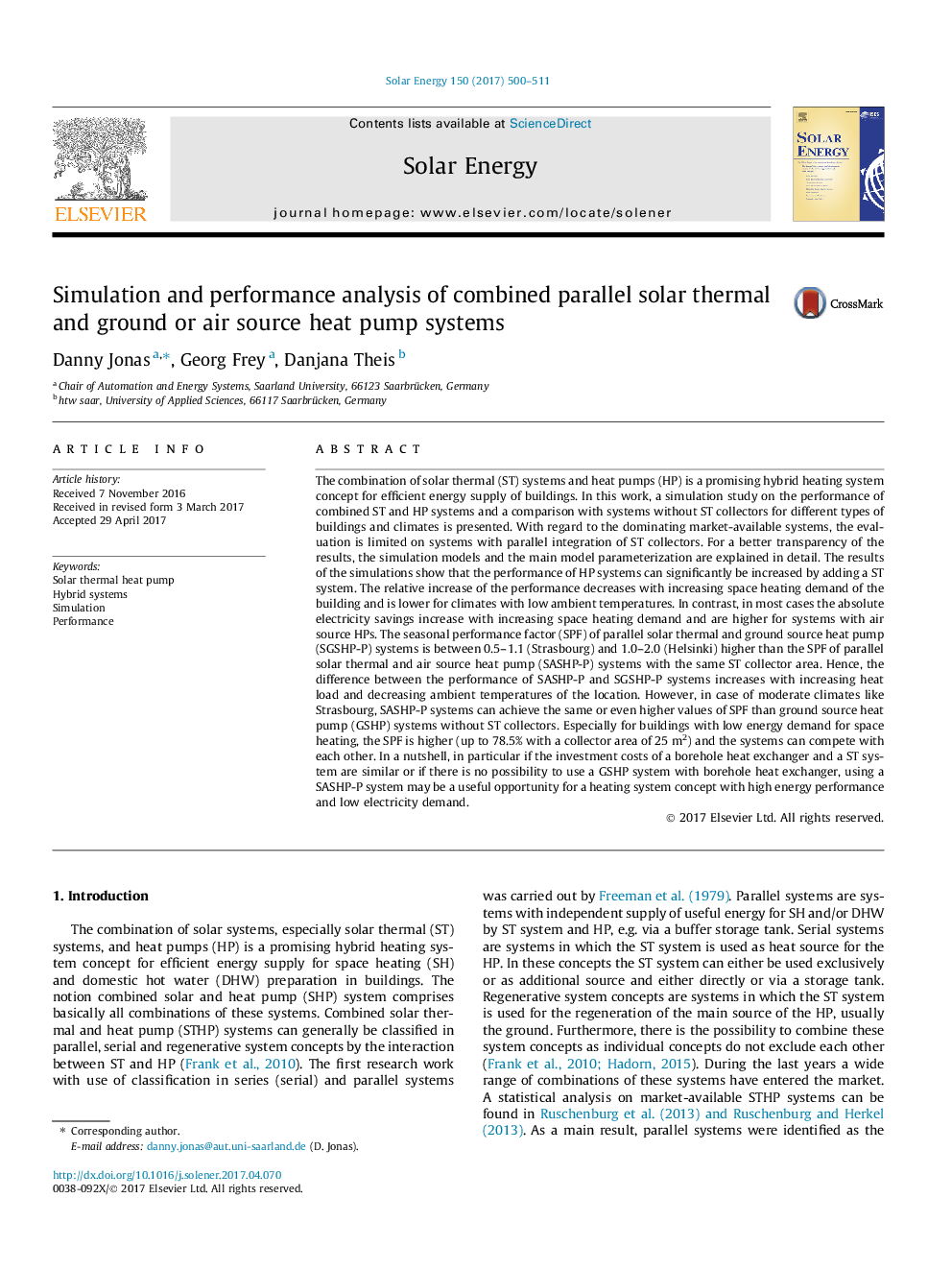 Simulation and performance analysis of combined parallel solar thermal and ground or air source heat pump systems