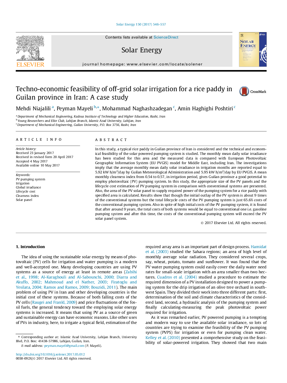 Techno-economic feasibility of off-grid solar irrigation for a rice paddy in Guilan province in Iran: A case study