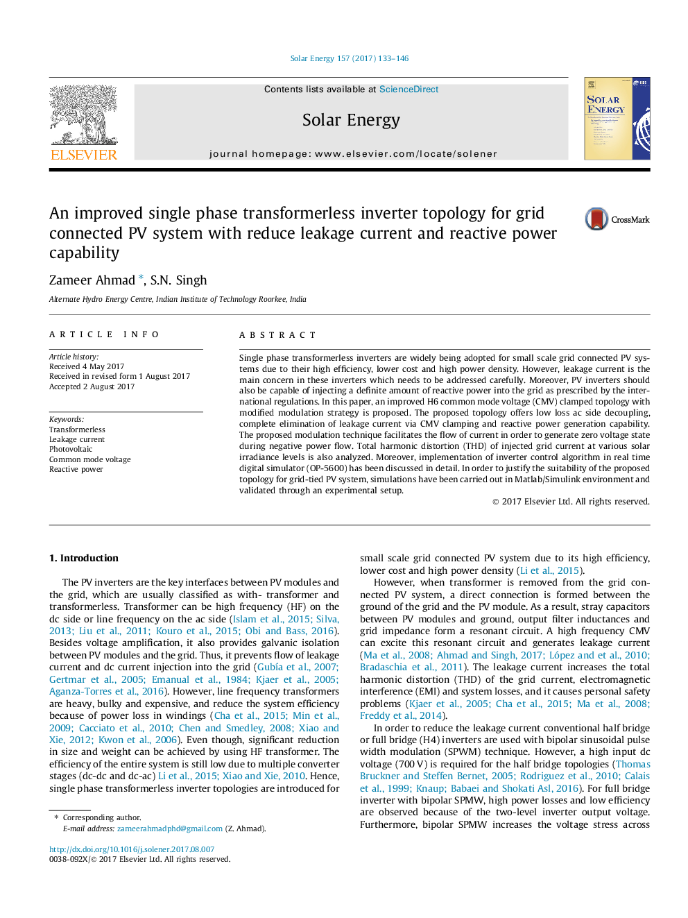 An improved single phase transformerless inverter topology for grid connected PV system with reduce leakage current and reactive power capability