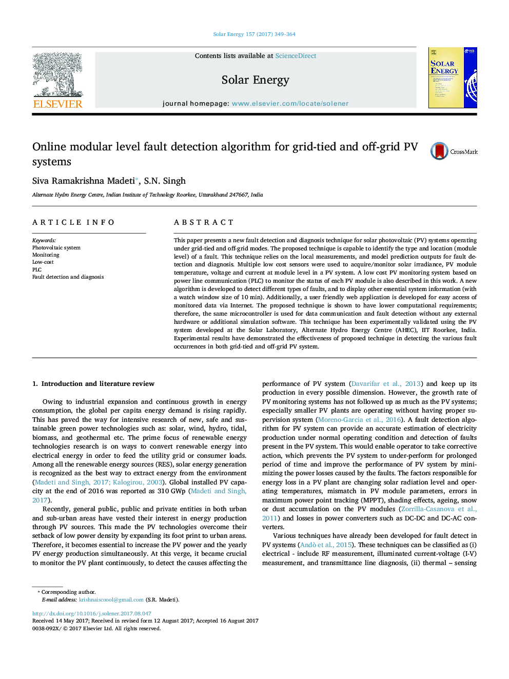 Online modular level fault detection algorithm for grid-tied and off-grid PV systems