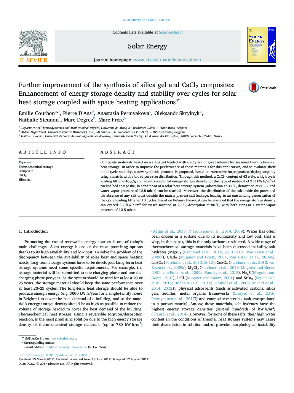 Further improvement of the synthesis of silica gel and CaCl2 composites: Enhancement of energy storage density and stability over cycles for solar heat storage coupled with space heating applications