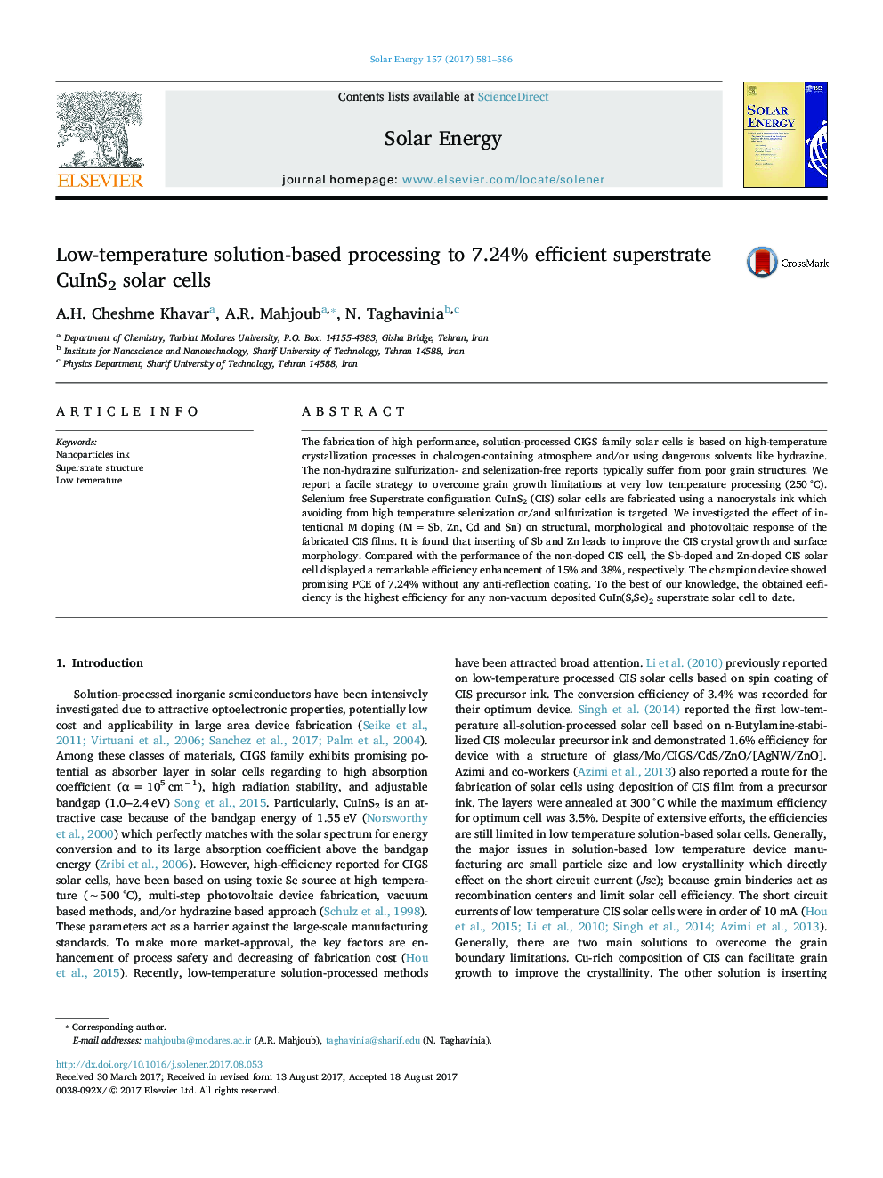 Low-temperature solution-based processing to 7.24% efficient superstrate CuInS2 solar cells