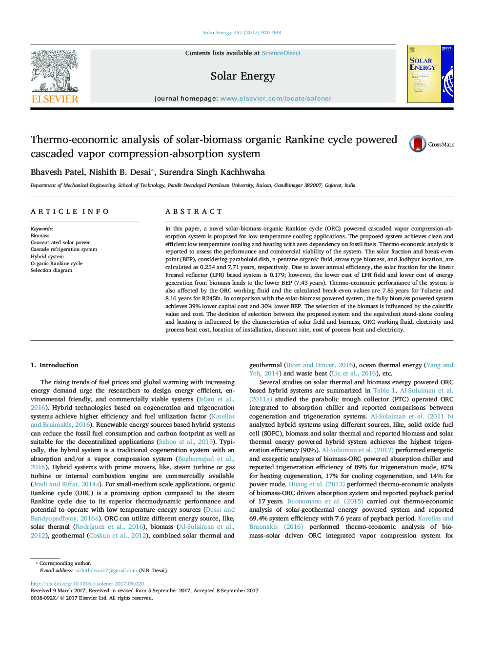 Thermo-economic analysis of solar-biomass organic Rankine cycle powered cascaded vapor compression-absorption system