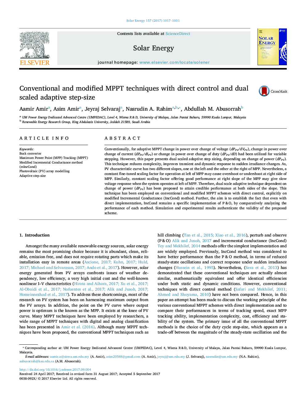 Conventional and modified MPPT techniques with direct control and dual scaled adaptive step-size