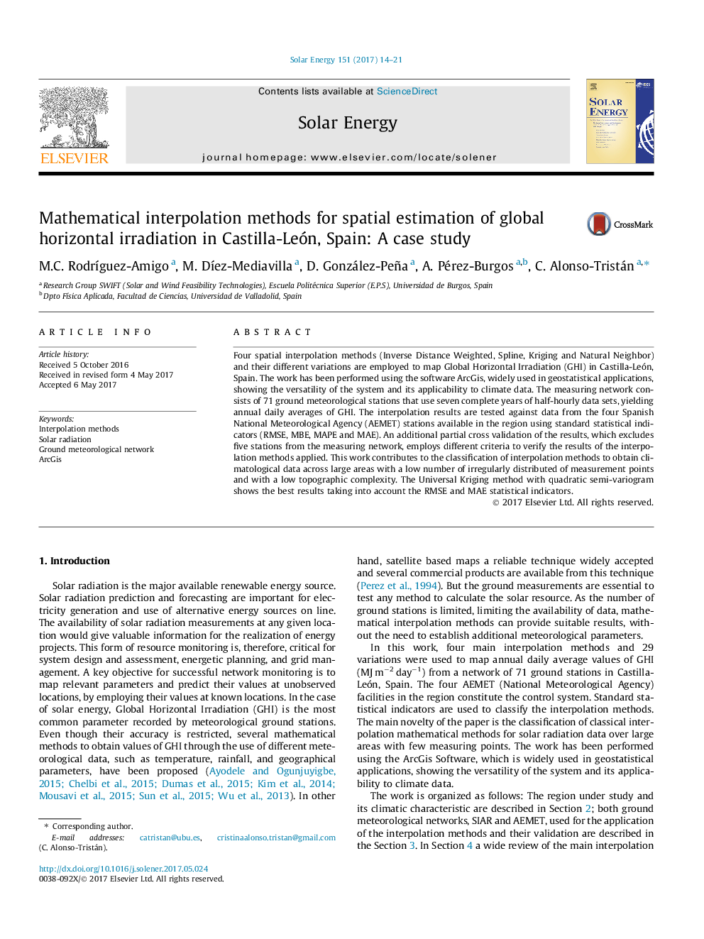 Mathematical interpolation methods for spatial estimation of global horizontal irradiation in Castilla-León, Spain: A case study