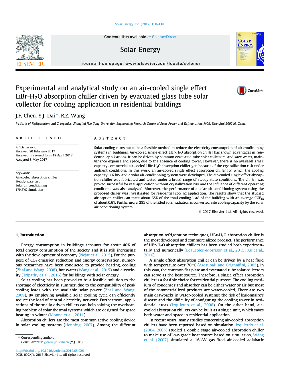 Experimental and analytical study on an air-cooled single effect LiBr-H2O absorption chiller driven by evacuated glass tube solar collector for cooling application in residential buildings