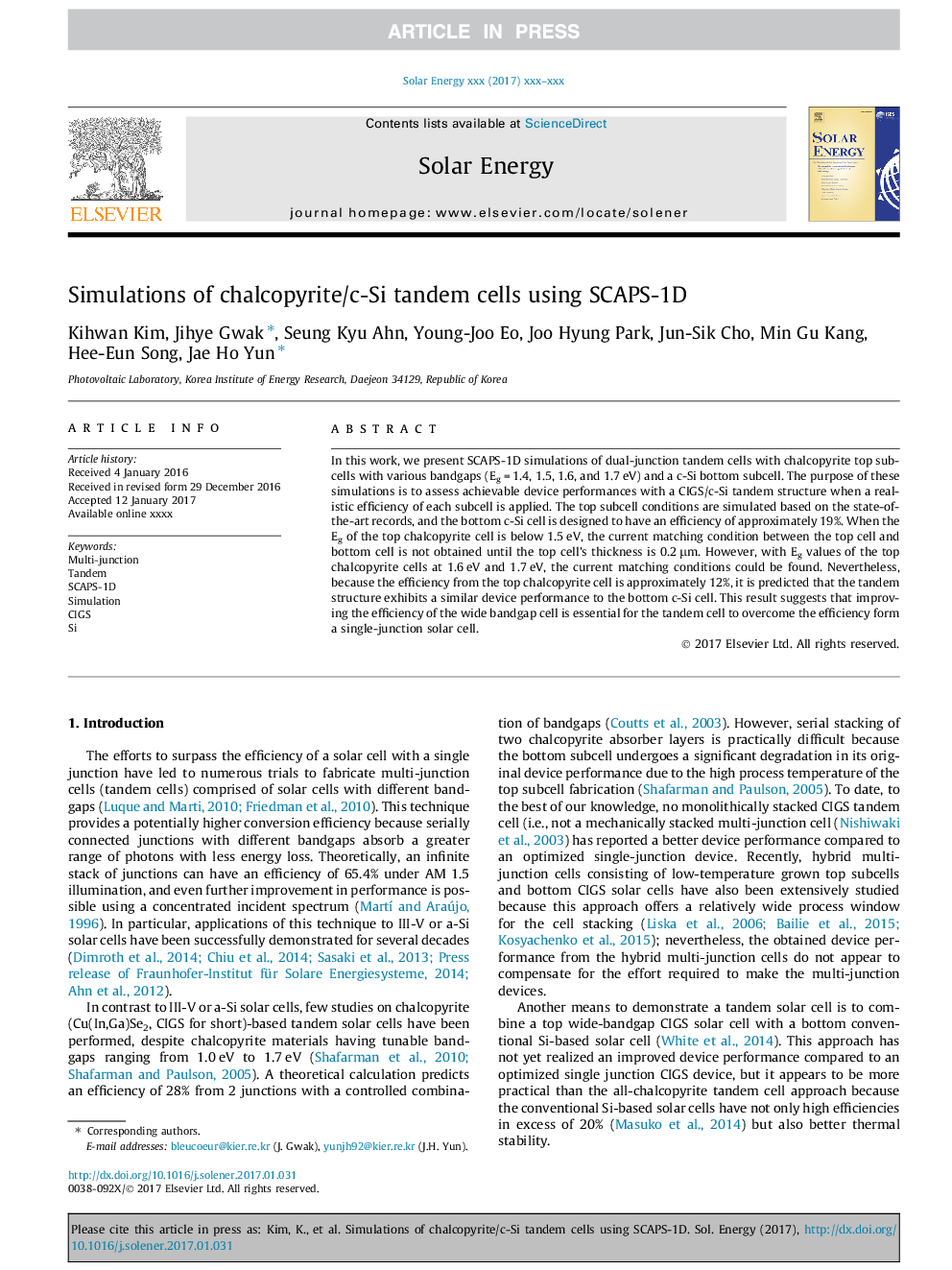 Simulations of chalcopyrite/c-Si tandem cells using SCAPS-1D