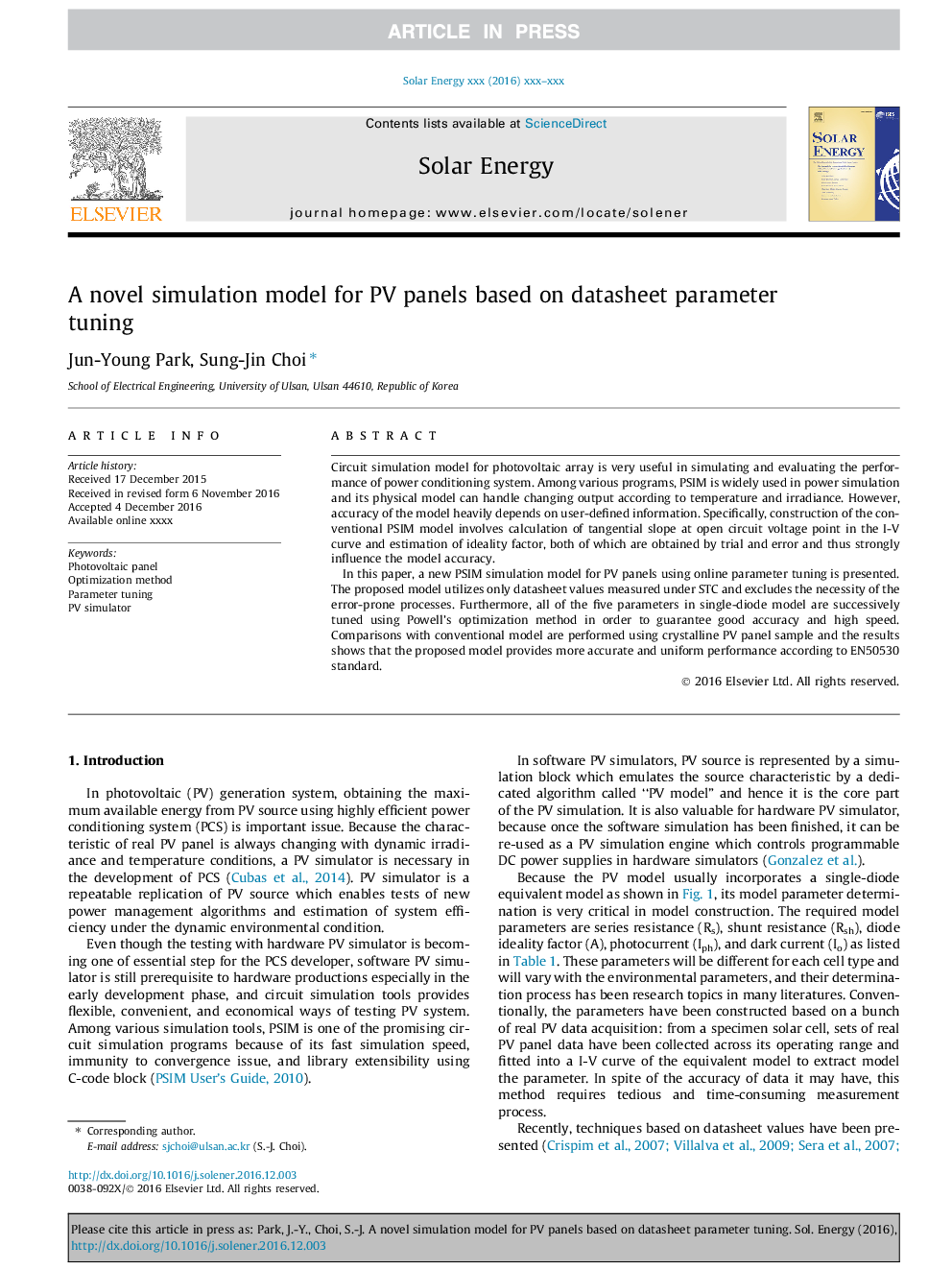 A novel simulation model for PV panels based on datasheet parameter tuning