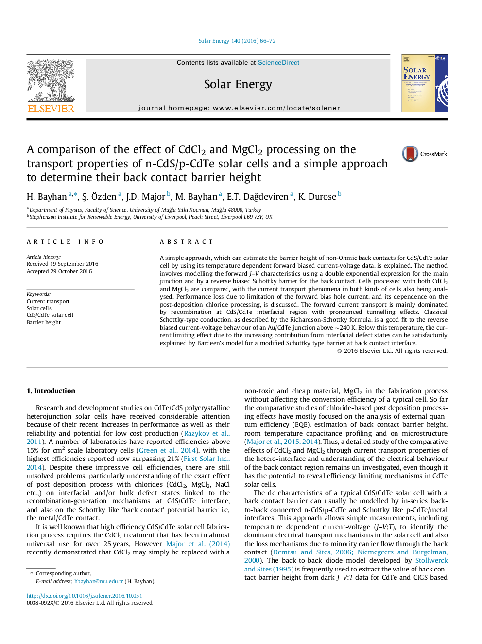 A comparison of the effect of CdCl2 and MgCl2 processing on the transport properties of n-CdS/p-CdTe solar cells and a simple approach to determine their back contact barrier height