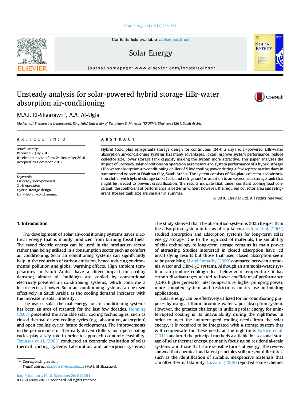 Unsteady analysis for solar-powered hybrid storage LiBr-water absorption air-conditioning