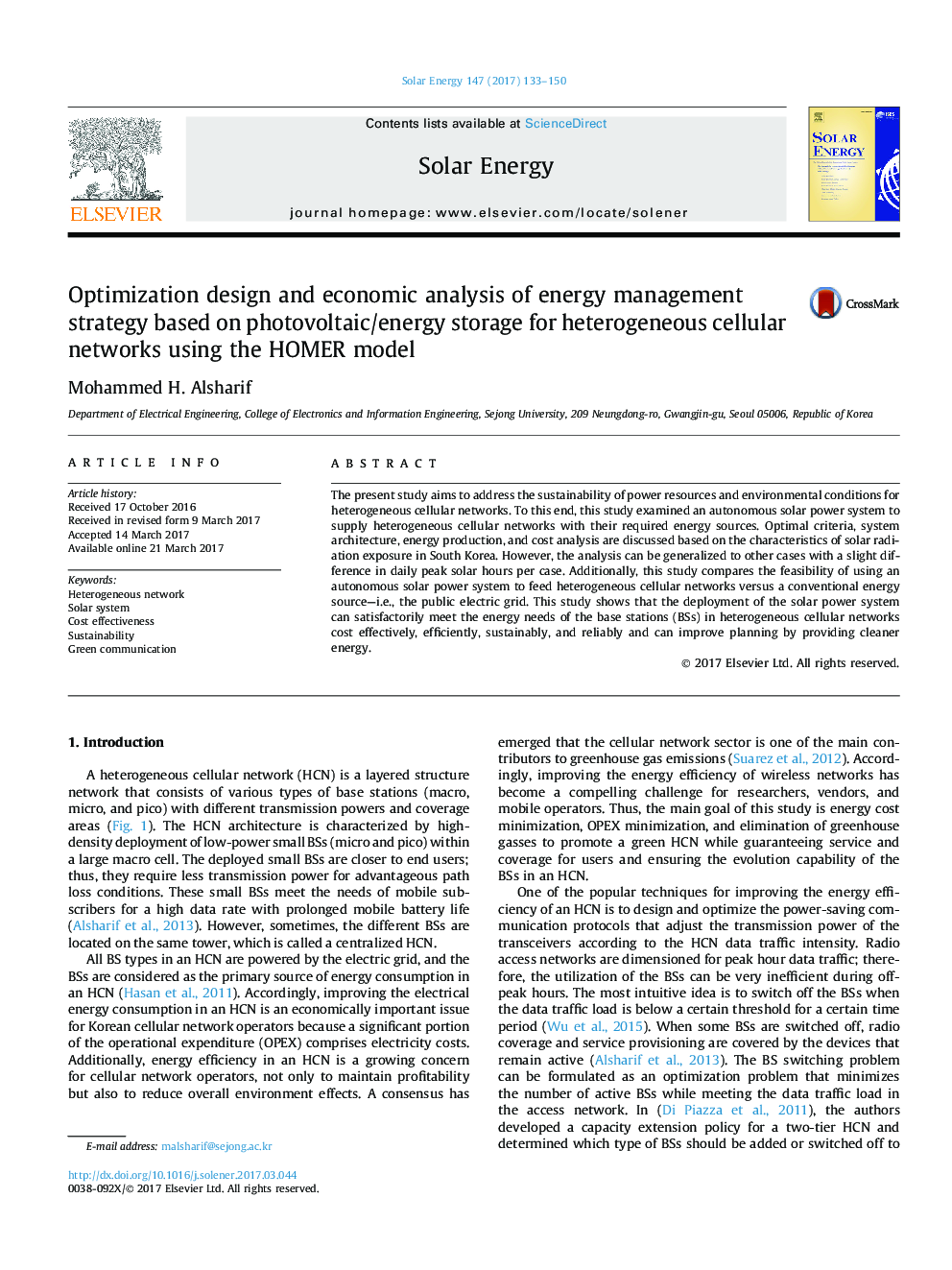 Optimization design and economic analysis of energy management strategy based on photovoltaic/energy storage for heterogeneous cellular networks using the HOMER model