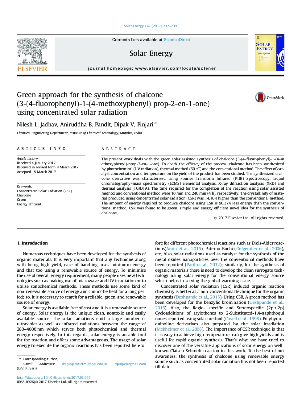 Green approach for the synthesis of chalcone (3-(4-fluorophenyl)-1-(4-methoxyphenyl) prop-2-en-1-one) using concentrated solar radiation