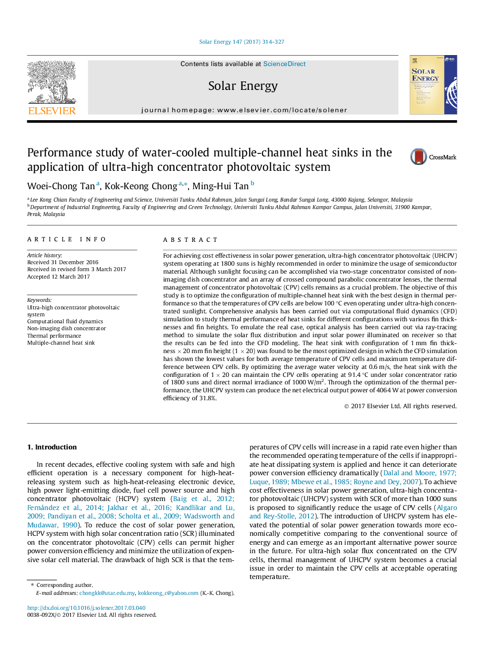 Performance study of water-cooled multiple-channel heat sinks in the application of ultra-high concentrator photovoltaic system