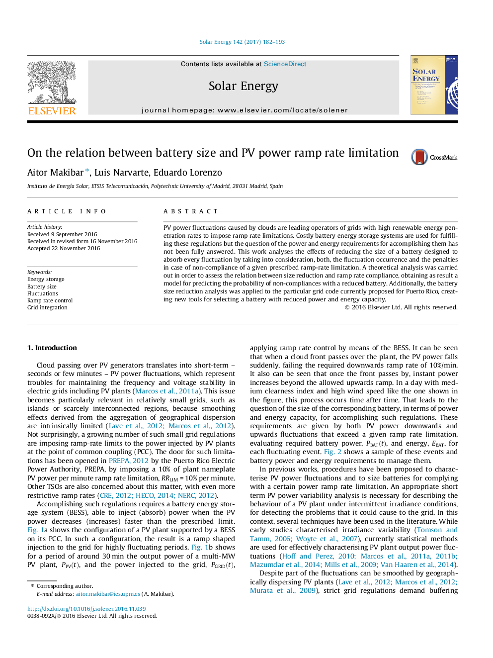 On the relation between battery size and PV power ramp rate limitation