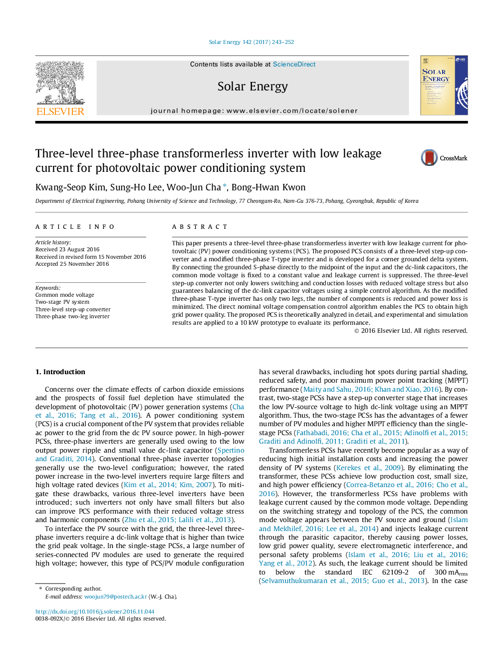 Three-level three-phase transformerless inverter with low leakage current for photovoltaic power conditioning system