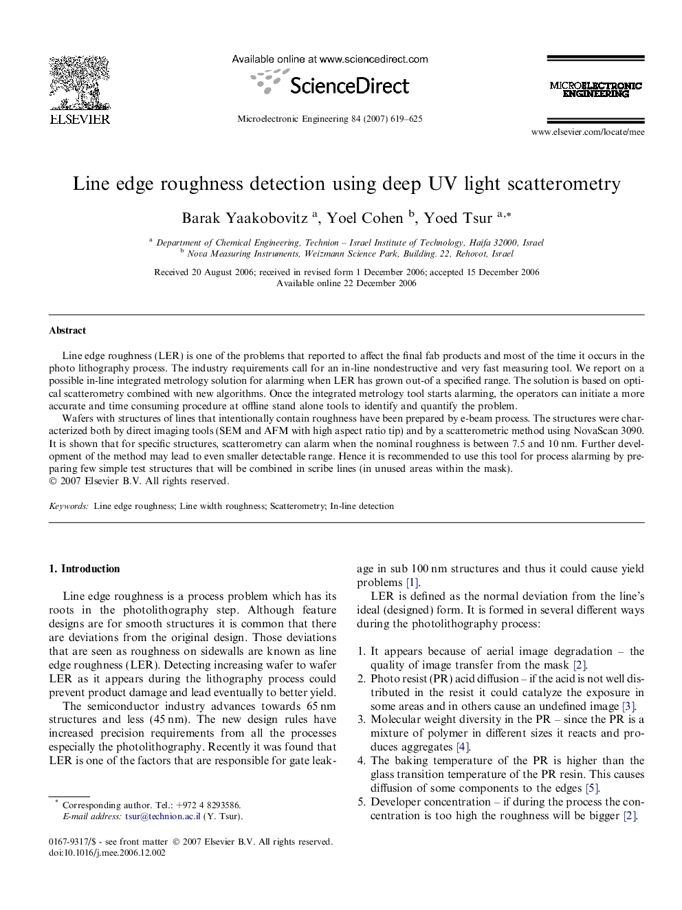 Line edge roughness detection using deep UV light scatterometry