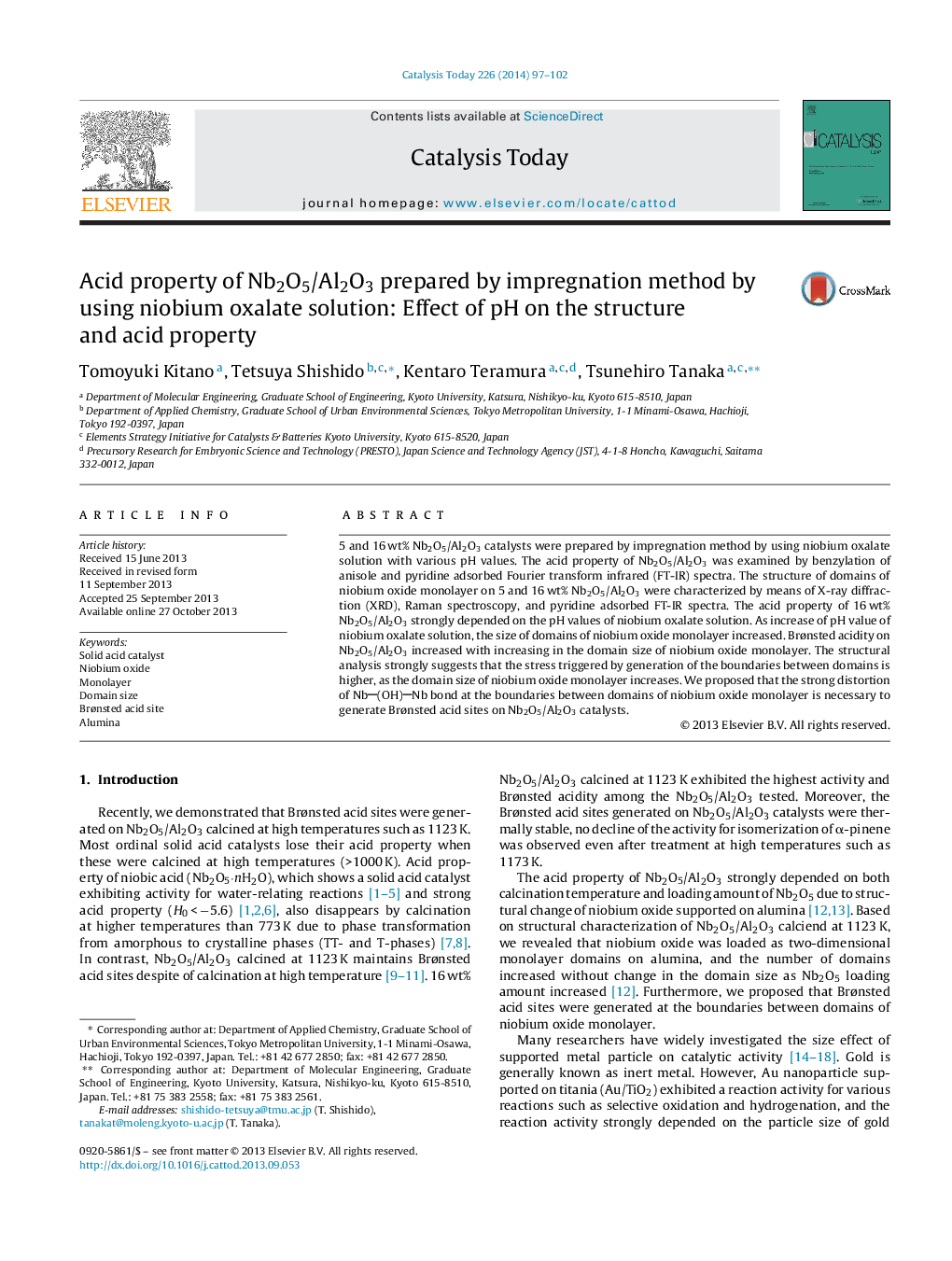 Acid property of Nb2O5/Al2O3 prepared by impregnation method by using niobium oxalate solution: Effect of pH on the structure and acid property