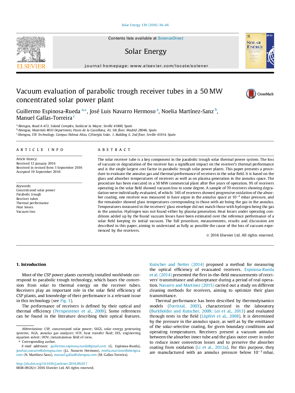 Vacuum evaluation of parabolic trough receiver tubes in a 50Â MW concentrated solar power plant