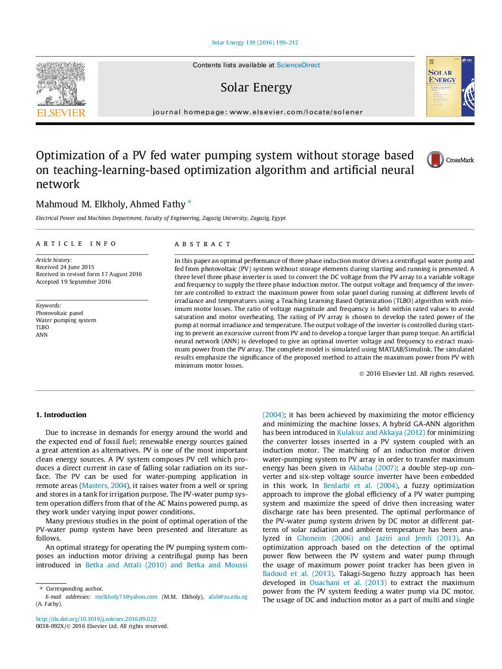 Optimization of a PV fed water pumping system without storage based on teaching-learning-based optimization algorithm and artificial neural network