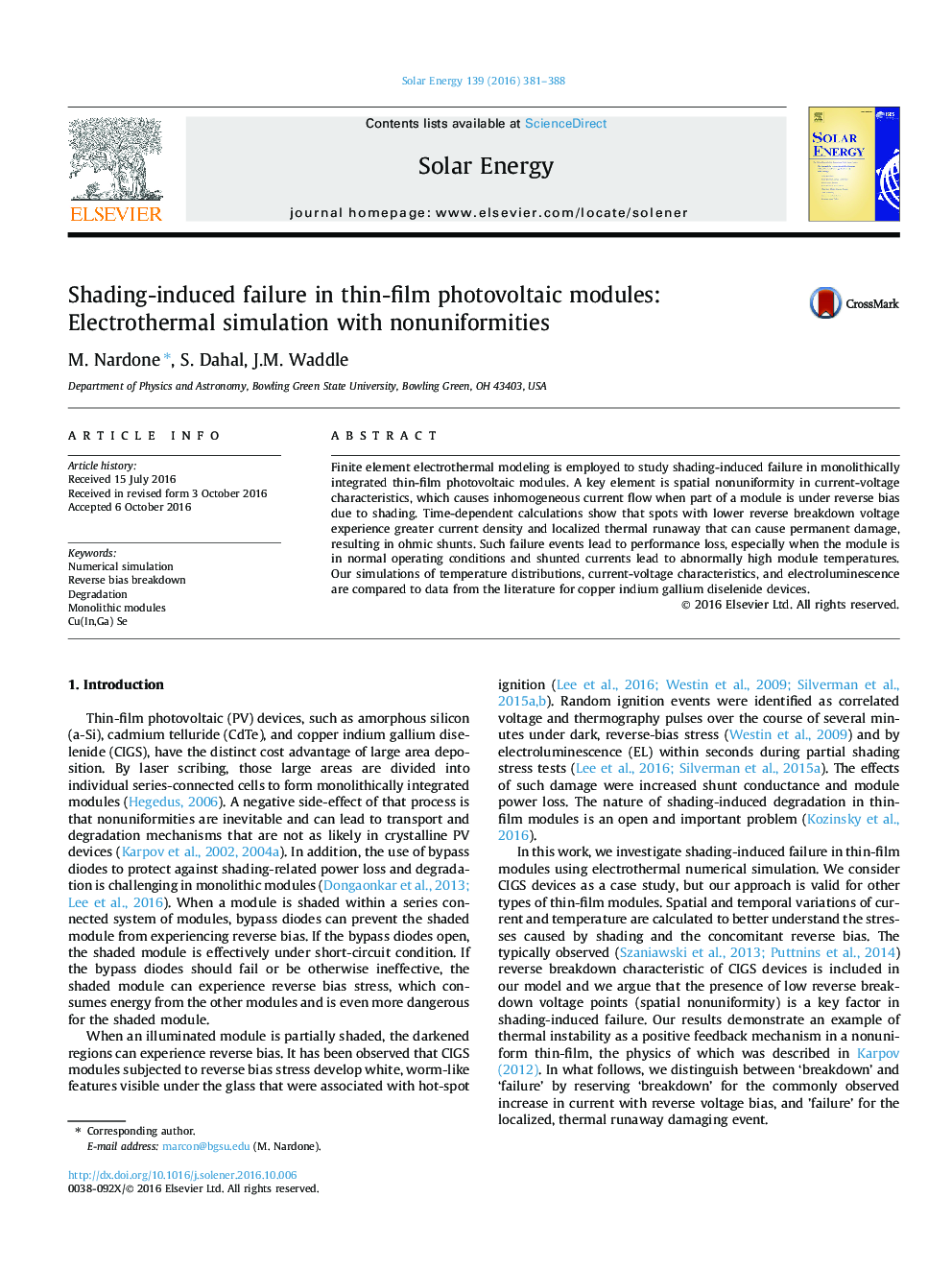 Shading-induced failure in thin-film photovoltaic modules: Electrothermal simulation with nonuniformities