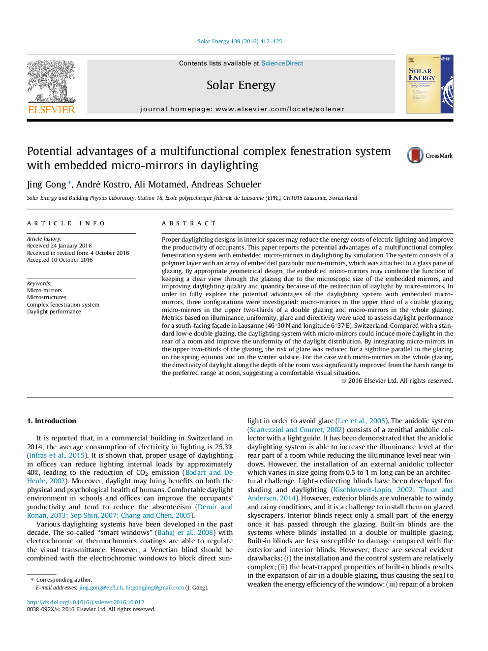 Potential advantages of a multifunctional complex fenestration system with embedded micro-mirrors in daylighting