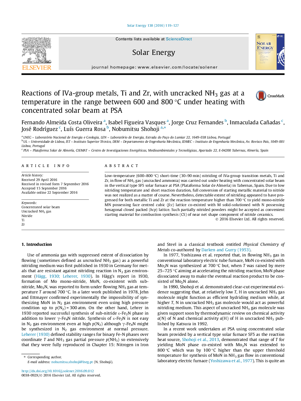 Reactions of IVa-group metals, Ti and Zr, with uncracked NH3 gas at a temperature in the range between 600 and 800Â Â°C under heating with concentrated solar beam at PSA