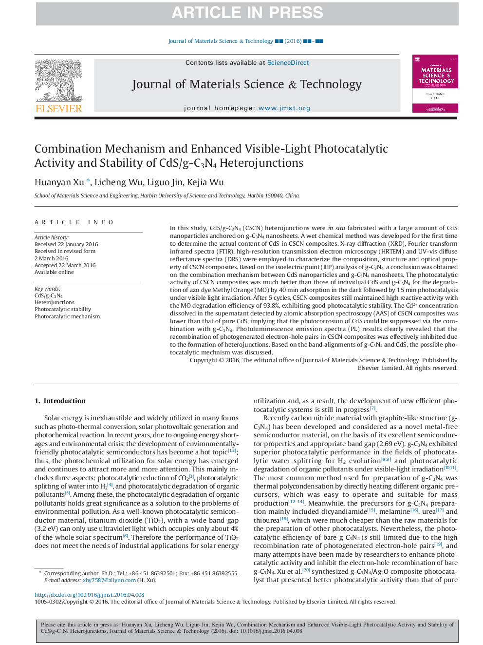 Combination Mechanism and Enhanced Visible-Light Photocatalytic Activity and Stability of CdS/g-C3N4 Heterojunctions