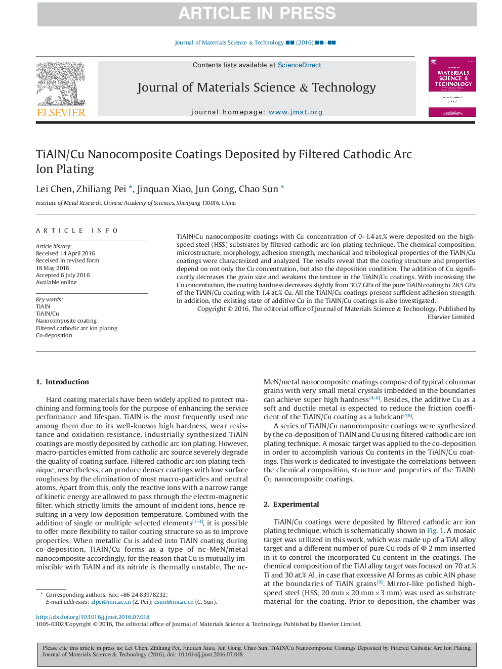 TiAlN/Cu Nanocomposite Coatings Deposited by Filtered Cathodic Arc Ion Plating