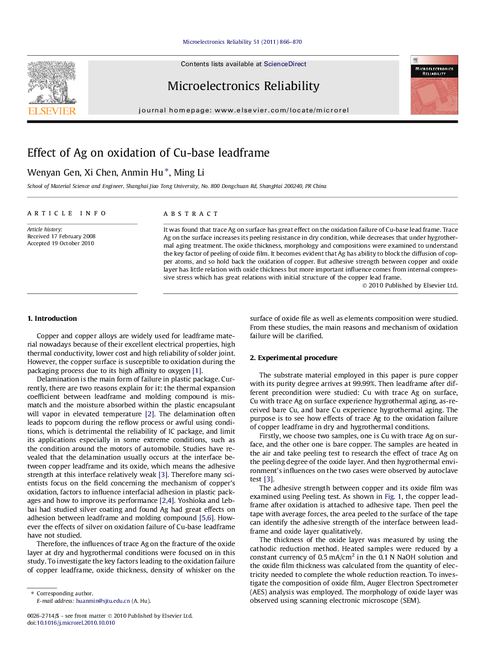 عکس صفحه اول مقاله: Effect of Ag on oxidation of Cu-base leadframe Effect of Ag on oxidation of Cu-base leadframe