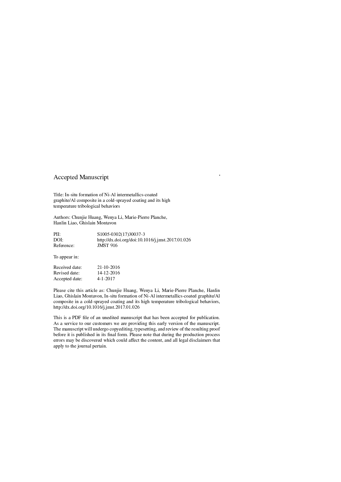 عکس صفحه اول مقاله: In-situ formation of Ni-Al intermetallics-coated graphite/Al composite in a cold-sprayed coating and its high temperature tribological behaviors In-situ formation of Ni-Al intermetallics-coated graphite/Al composite in a cold-sprayed coating and its high temperature tribological behaviors