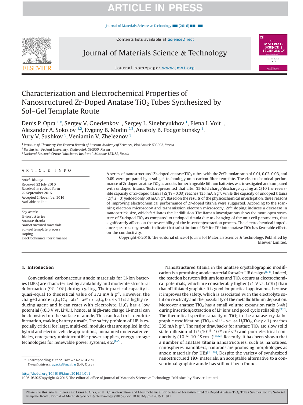 Characterization and Electrochemical Properties of Nanostructured Zr-Doped Anatase TiO2 Tubes Synthesized by Sol-Gel Template Route