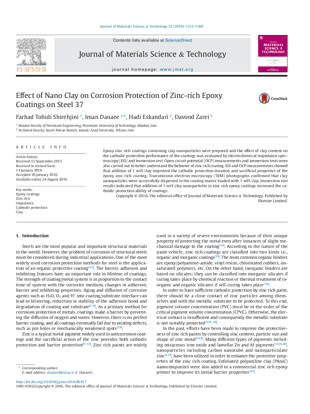 Effect of Nano Clay on Corrosion Protection of Zinc-rich Epoxy Coatings on Steel 37