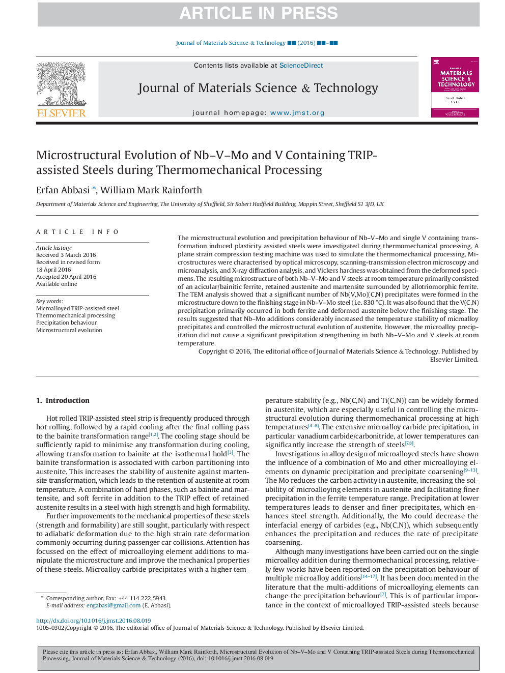 Microstructural Evolution of Nb-V-Mo and V Containing TRIP-assisted Steels during Thermomechanical Processing