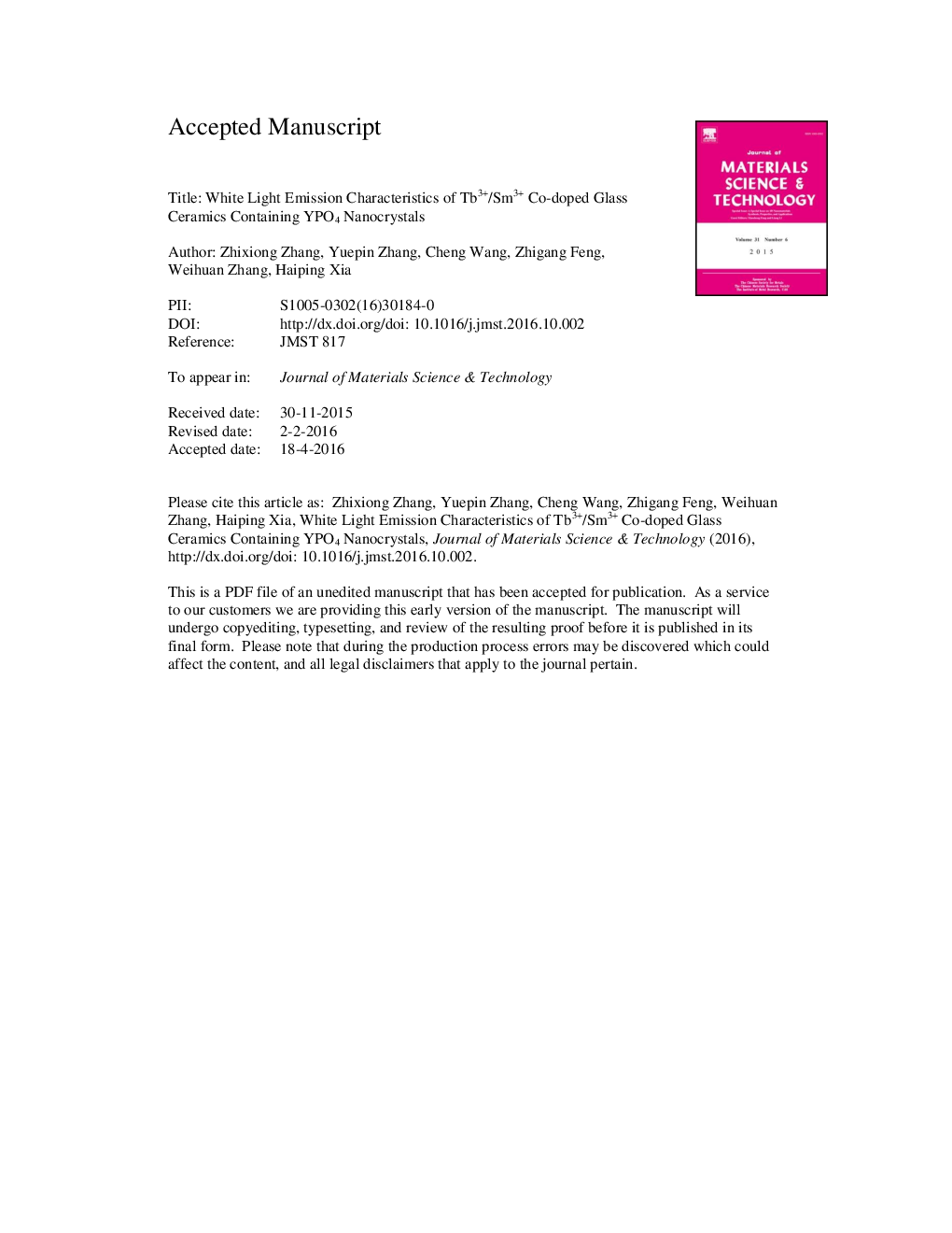 عکس صفحه اول مقاله: White Light Emission Characteristics of Tb3+/Sm3+ Co-Doped Glass Ceramics Containing YPO4 Nanocrystals White Light Emission Characteristics of Tb3+/Sm3+ Co-Doped Glass Ceramics Containing YPO4 Nanocrystals