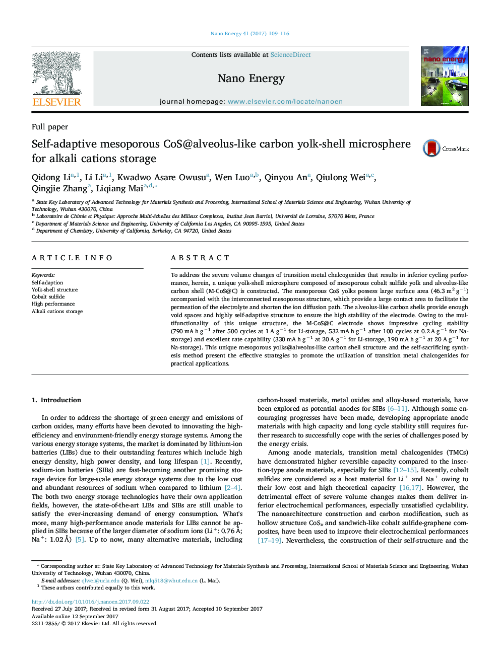 Full paperSelf-adaptive mesoporous CoS@alveolus-like carbon yolk-shell microsphere for alkali cations storage