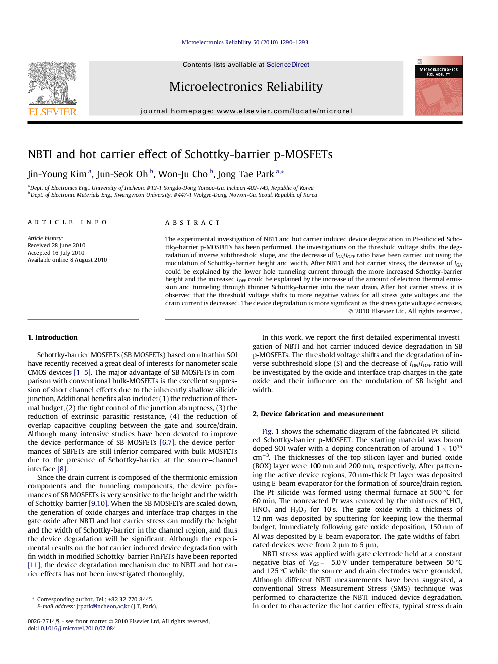 NBTI and hot carrier effect of Schottky-barrier p-MOSFETs