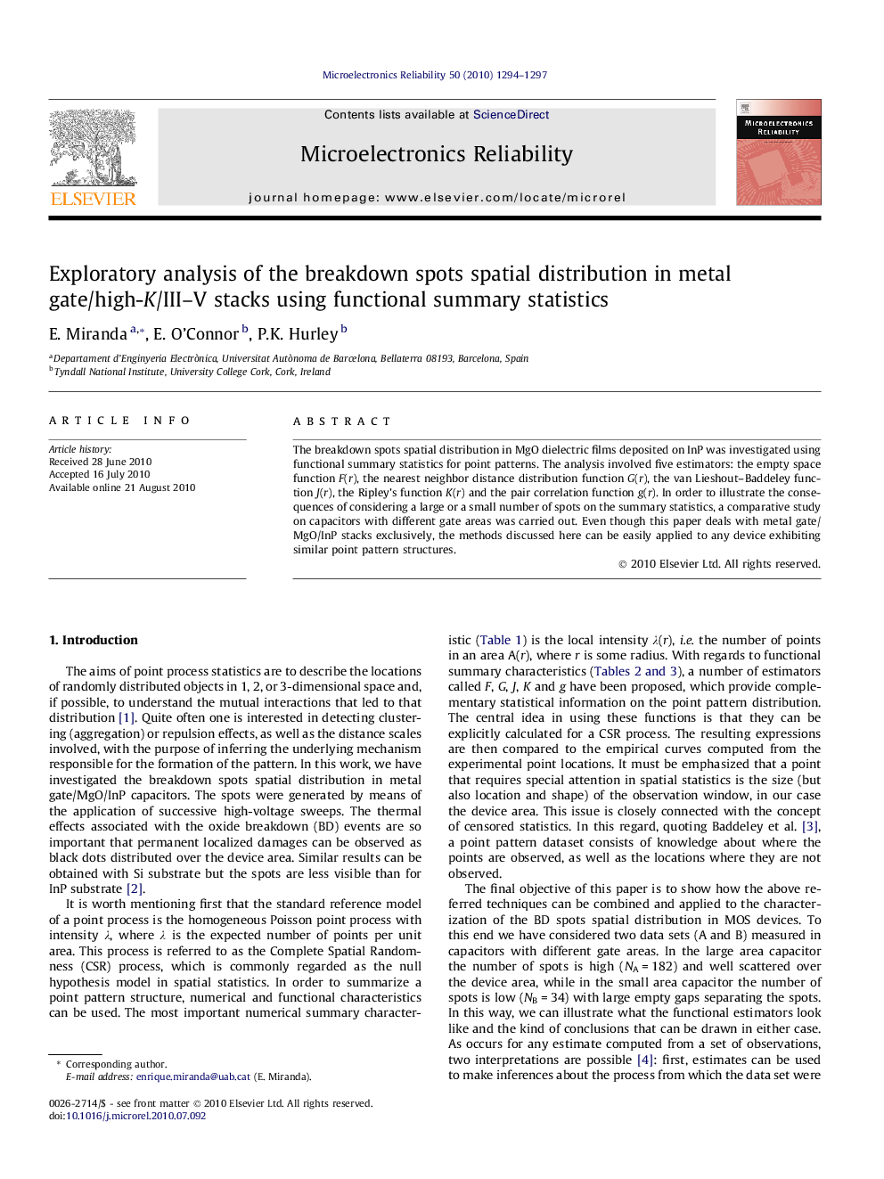 Exploratory analysis of the breakdown spots spatial distribution in metal gate/high-K/III–V stacks using functional summary statistics