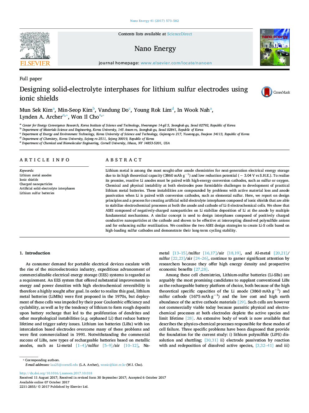 Designing solid-electrolyte interphases for lithium sulfur electrodes using ionic shields