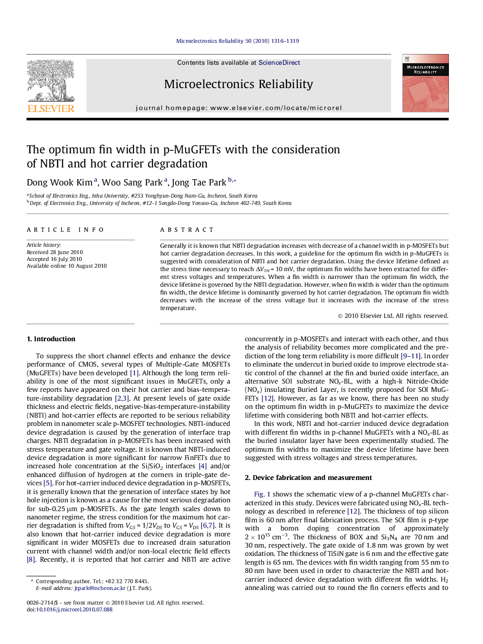 The optimum fin width in p-MuGFETs with the consideration of NBTI and hot carrier degradation