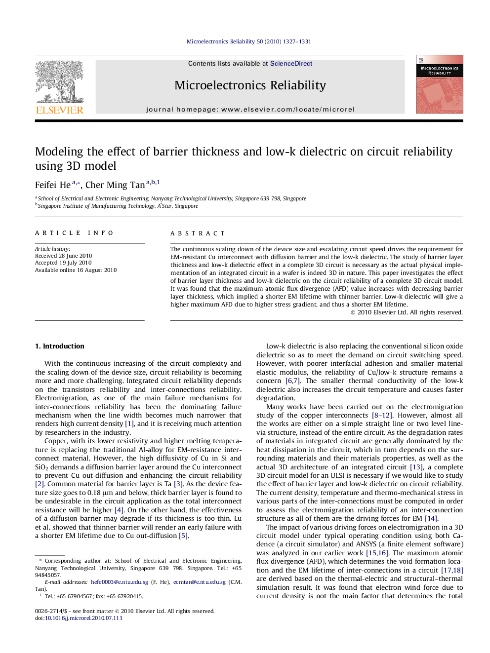 Modeling the effect of barrier thickness and low-k dielectric on circuit reliability using 3D model