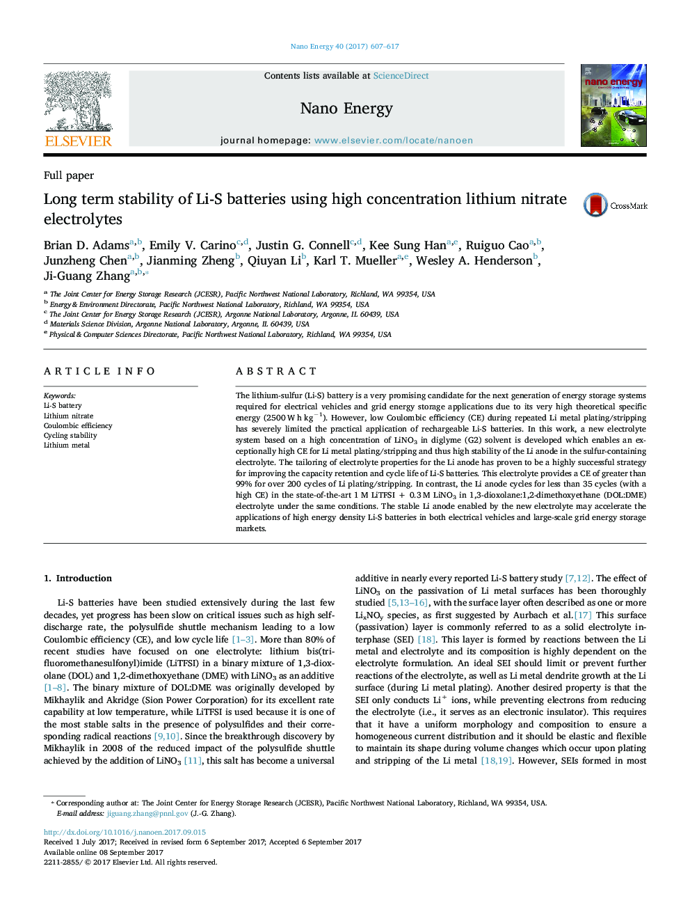 Long term stability of Li-S batteries using high concentration lithium nitrate electrolytes